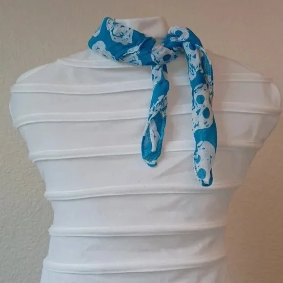 3/$25 SALE Skull Bandana, Semi Sheer Teal & White Unisex Punk Goth Biker 19"x20" - Picture 4 of 12